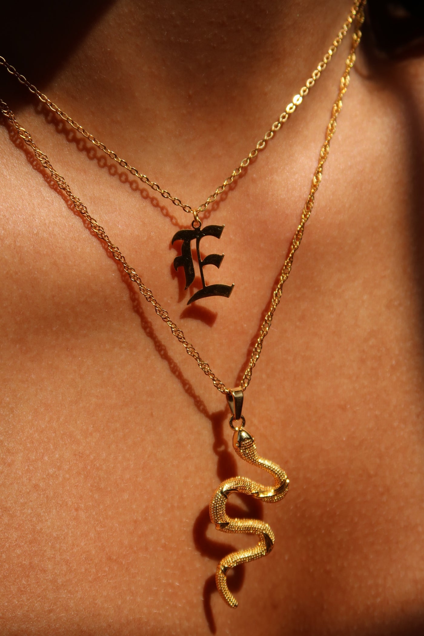 Gold Snake Necklace and letter initial necklace